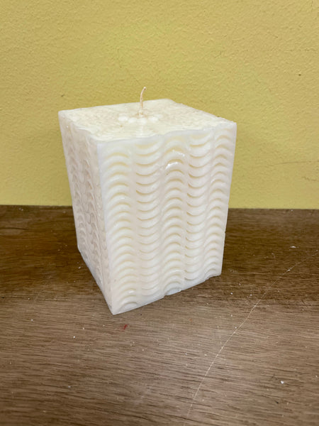 a** New 4” Pillar CANDLE Raised Waves on Ivory Cube Volcanica #101 Unscented Handcrafted