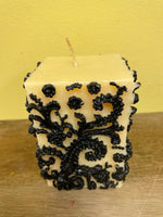 a** New 4” Pillar CANDLE  Black Raised Scroll on Ivory Cube Volcanica #101 Unscented Handcrafted Gift Box