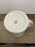 a** MWare Coffee Tea Cup Mug White with Blue “Bread” Logo Stoneware