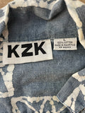 €* Vintage Women’s KZK Large Blue & White Print Short Sleeve Top Blouse 100% Cotton