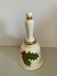 <€€ Vintage 1978 Ceramic Christmas Holiday Ivory Hand Ringing Bell Holly Leaves Gold Gilt