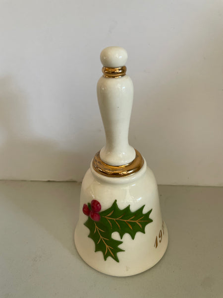 a** Vintage 1978 Ceramic Christmas Holiday Ivory Hand Ringing Bell Holly Leaves Gold Gilt