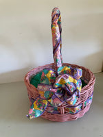 <€€ Vintage Pink Easter Basket Wood Woven Wicker with Floral Ribbon & Bow with Handle