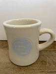 a** MWare Coffee Tea Cup Mug White with Blue “Bread” Logo Stoneware