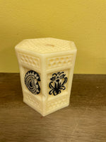 a** New 4” Pillar Candle Black Raised Paisley on Ivory Polygon Volcanica #9562 Unscented Handcrafted