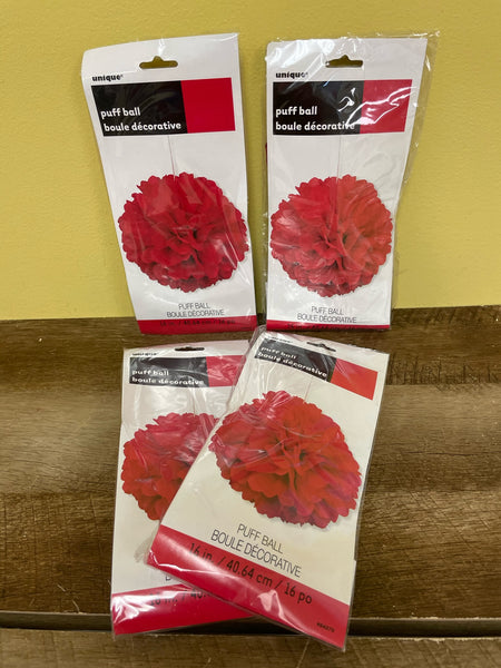 New Lot/4 Count 16” Red Paper Puff Ball Hanging Decoration Party Supply by Unique Brand