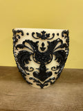 a** XLarge 3 Wick Pillar CANDLE Black Raised Scroll on Ivory Volcanica #9438 Unscented Handcrafted