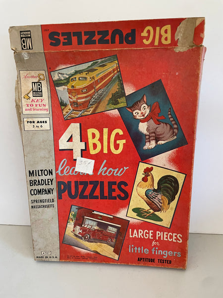 Vintage 1957 Children’s Big Learn How 4 Puzzles Ages 3-6 #4707 Milton Bradley Complete