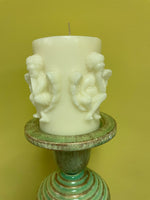 ~ New 4” Pillar Candle Raised Cherubs on Ivory Volcanica #9772 Unscented Handcrafted
