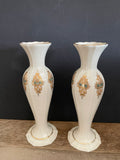 ~ Vintage Pair/Set of 2 Lenox Taper Candle Holders Gold & Green Design on Ivory Ceramic Gold Rim