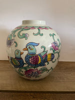 €a** Large Vintage Ginger Jar Vase Urn Pot Bright Colored Love Birds Without Lid Ceramic Pottery