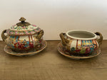 €a** Vintage Pair Chinese Bowls with Plates Braided Brass Handles Zhongguo Jindezhen Zhuhai
