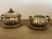 a** Vintage Pair Chinese Bowls with Plates Braided Brass Handles Zhongguo Jindezhen Zhuhai