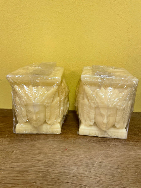 a** New Pair/Set of 3 4” x 4” Pillar CANDLE Raised Egyptian Kings on Ivory Cube Volcanica #9183