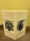 a** New 4” Pillar Candle Black Raised Paisley on Ivory Polygon Volcanica #9562 Unscented Handcrafted
