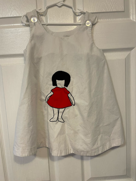 * Vintage Toddler Girl 3T/4T Sleeveless White Jumper Dress Appliqué Girl Figure