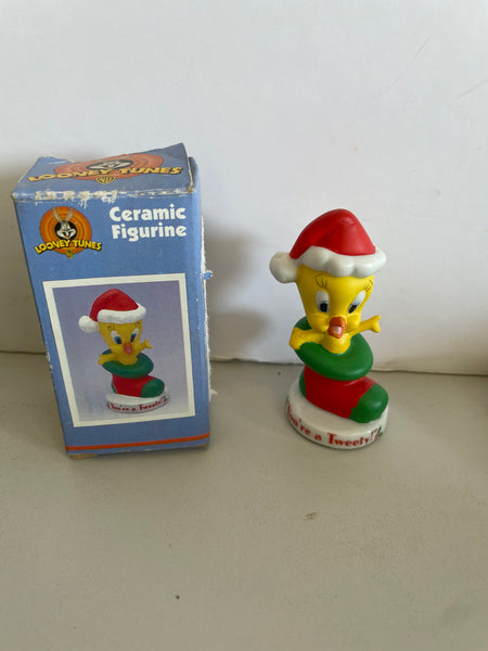 a** Vintage 1997 Looney Tunes Ceramic Tweety Bird Christmas Ornament Figurine Warner Bros Rare