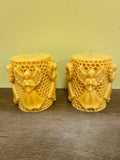 a** New Pair/Set of 2 4” Pillar CANDLES Raised Angels on Honeycomb Volcanica #9442 Unscented Handcrafted