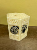 a** New 4” Pillar CANDLE  Black Raised Paisley on Ivory Cube Volcanica #9562 Unscented Handcrafted Gift Box