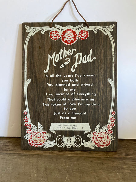 * Vintage 'Mother and Dad' Wood Sign Wall Art Sign Padre Island Texas