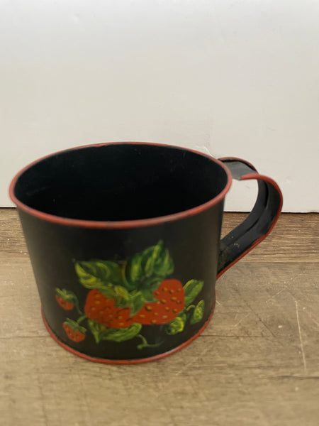 ~ Red Strawberry Hand Painted on Black Tin Coffee Tea Cup Mug Berries Folk Art Planter