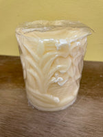 ~ New 4” Pillar CANDLE Raised Flowers on Ivory Volcanica #100B Unscented Handcrafted