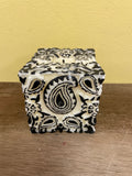 a** New 4” Pillar CANDLE  Black Raised Paisley on White Cube Volcanica #9643 Unscented Handcrafted