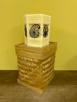 a** New 4” Pillar CANDLE  Black Raised Paisley on Ivory Cube Volcanica #9562 Unscented Handcrafted Gift Box