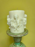 ~ New 4” Pillar Candle Raised Cherubs on Ivory Volcanica #9772 Unscented Handcrafted