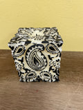 a** New 4” Pillar CANDLE  Black Raised Paisley on White Cube Volcanica #9643 Unscented Handcrafted