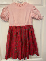 Vintage Girls Sz 8 Pink & Red Print Floral Dress with Lace Collar Short Sleeve
