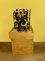 a** New 4” Pillar CANDLE  Black Raised Scroll on Ivory Cube Volcanica #101 Unscented Handcrafted Gift Box