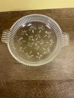 a** Vintage Clear Etched Cut Glass Ribbed Relish Candy Nut Condiment Serving Dish w/ Handles