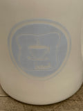 a** MWare Coffee Tea Cup Mug White with Blue “Bread” Logo Stoneware