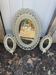 ~ Vintage Burwood Products Mirror with 2 Wall Sconce Candle Holders Oval Wicker Look MCM