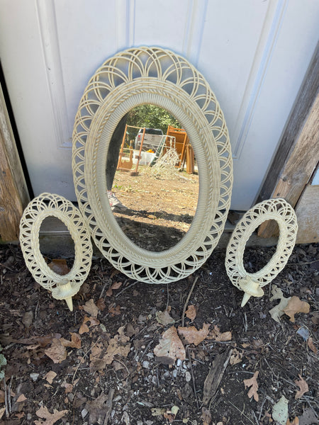 ~ Vintage Burwood Products Mirror with 2 Wall Sconce Candle Holders Oval Wicker Look MCM