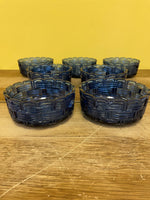 € Vintage Imperial Glass Cobalt Blue Basket Weave Pattern Set/7 Bowls Soup Salad Dessert