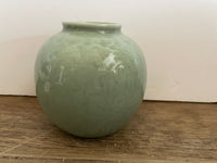 <€€ Vintage Green Ginger Jar Vase Urn Pot With Lid Ceramic Pottery China