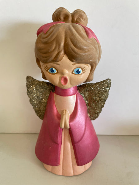 a** Vintage Ceramic Pink ANGEL Figurine with Glitter Wings Hand Painted Holiday