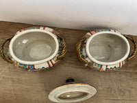 a** Vintage Pair Chinese Bowls with Plates Braided Brass Handles Zhongguo Jindezhen Zhuhai