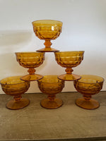 a* Set/6 Vintage Amber Gold Depression Glass Pedestal Sundae Dessert Dishes Bowls Footed