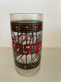 a** Vintage Set of 5 Seasons Greeting Christmas Juice Eggnog Glasses Poinsettia Stain Glass Design