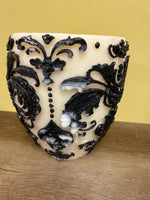 a** XLarge 3 Wick Pillar CANDLE Black Raised Scroll on Ivory Volcanica #9438 Unscented Handcrafted