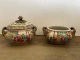 a** Vintage Pair Chinese Bowls with Plates Braided Brass Handles Zhongguo Jindezhen Zhuhai