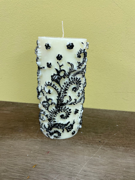 a** New 6” Pillar CANDLE  Black Raised Scroll on White Cube Volcanica #9643 Unscented Handcrafted