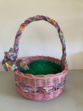 <€€ Vintage Pink Easter Basket Wood Woven Wicker with Floral Ribbon & Bow with Handle