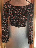 NEW Womens Small PACSUN LA HEARTS Crop Top Black Floral Bell Sleeves Festival