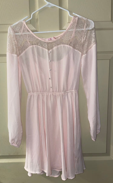 Womens Juniors Small CANDIE’s Blush Sheer Lace Dress Long Sleeve