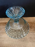 a** Vintage Jeanette Ice Blue Cut Glass Louisa Basket Weave Pedestal Compote Bowl