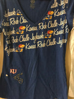 Womens Large KANSAS University JAYHAWKS Rock Chalk Blue TShirt Fitted Long Sleeve